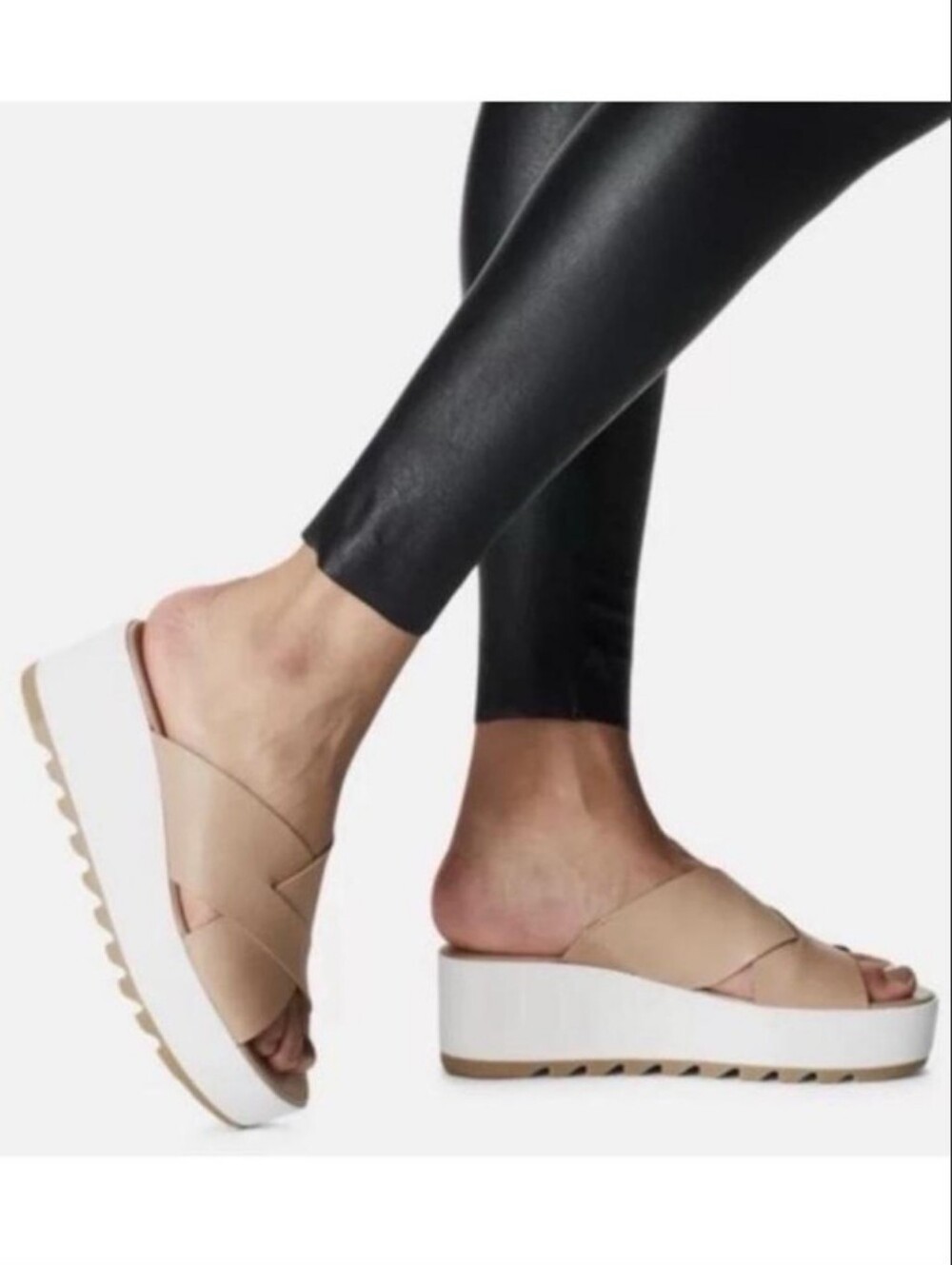 ​Sorel Cameron Flatform Sandal Honest Beige Leather Crossover Slide Size 8.5